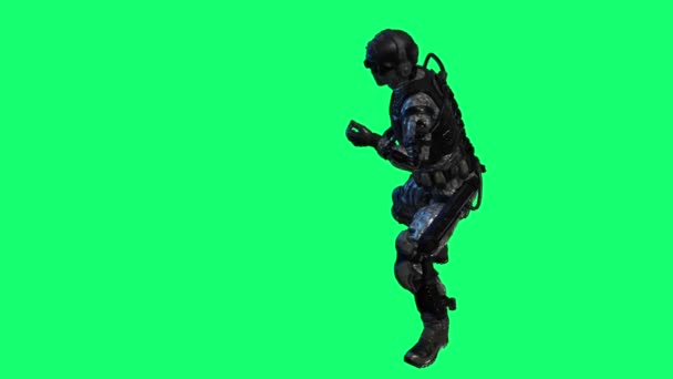 身穿先进黑色战斗装备的详细的未来战士 背景为深绿色 — 图库视频影像