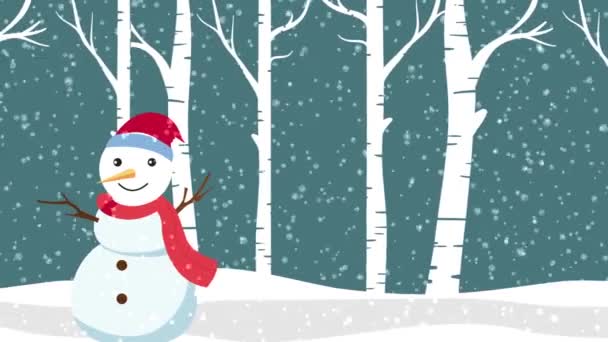 Animation Fröhlicher Schneemann Mit Rotem Hut Und Schal Steht Einem — Stockvideo