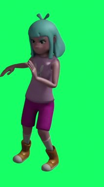 dikey animasyon - 3D canlandırılmış genç kadın animasyon karakter krom anahtar yeşil arka planda dans ediyor.