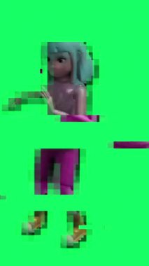 dikey animasyon - 3D canlandırılmış genç kadın animasyon karakter krom anahtar yeşil arka planda dans ederken arıza etkisi 