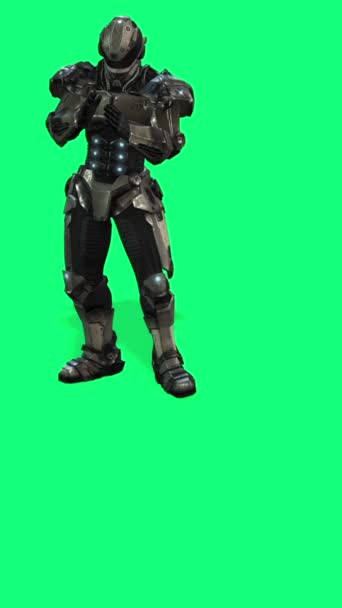 在装甲拳击中对一名未来派士兵的全身垂直射击 放置在绿色屏幕上 以方便作曲 — 图库视频影像