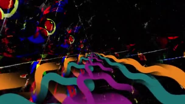 Анимация Художественный Абстрактный Дизайн Красочными Волнистыми Линиями Текстурированном Черном Фоне — стоковое видео