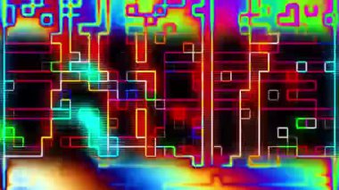 animasyon - Çok renkli kareler ve dinamik bir bozulma içeren enerjik soyut dijital arkaplan.