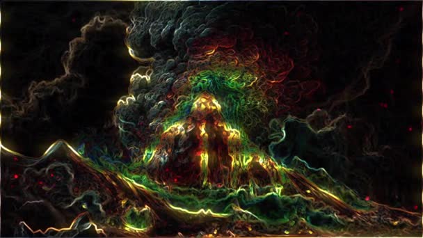 Animación Representación Artística Volcán Erupción Realzado Con Colores Brillantes Neón — Vídeos de Stock