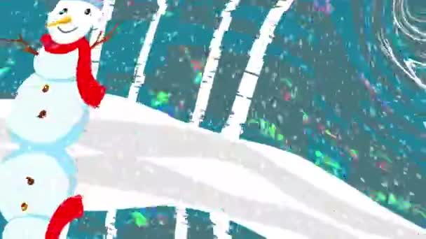 Animace Stylizovaná Ilustrace Veselého Sněhuláka Červenou Šálou Dynamickém Abstraktním Zasněženém — Stock video