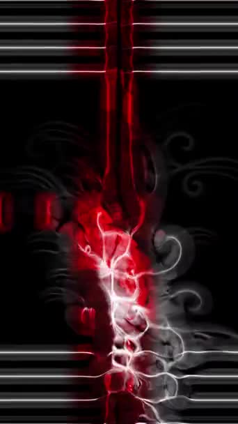 垂直アニメーション 鮮やかな黒の背景に赤と白の煙を渦巻くデジタルアートワーク 動きとコントラストを描画 — ストック動画