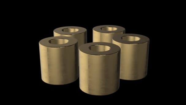 Animação Conjunto Cinco Cilindros Metal Latão Com Acabamento Fosco Exibido — Vídeo de Stock