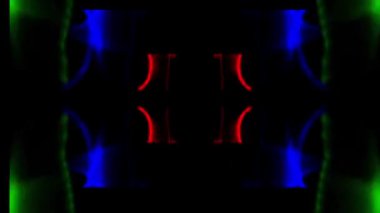 animasyon - canlı neon mavi ve yeşil ışıklar kırmızı aksanlı koyu arkaplana karşı simetrik desenli.
