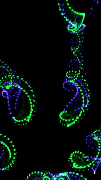 垂直动画 抽象设计中明亮的霓虹灯绿色和蓝色分形螺旋在黑暗背景下发光 — 图库视频影像