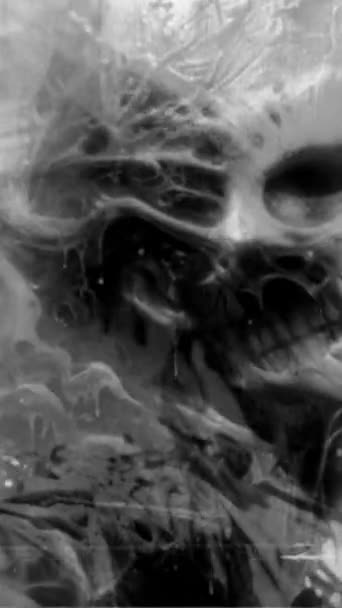 Vertikální Černobílá Animace Přízračné Abstraktní Umění Zobrazující Lebku Strašidelné Tváře — Stock video