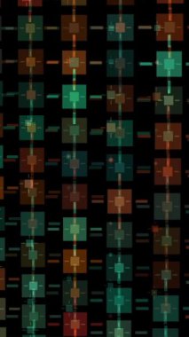 Renkli bloklardan oluşan bir dizide karanlık bir arkaplana karşı geometrik şekillerin bir desenini tasvir eden enerjik soyut arkaplan.