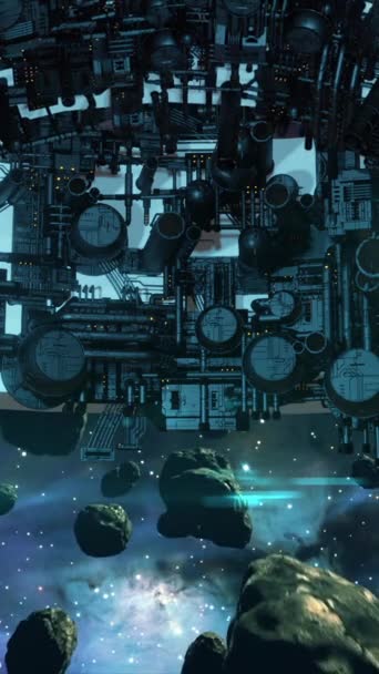 Экспансивная Высокодетализированная Футуристическая Космическая Станция Плавающая Среди Астероидов Звездном Фоне — стоковое видео