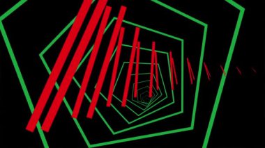 Kırmızı ve yeşil altıgen şekilli fütürist soyut neon tünel, derinlik ve teknoloji hissi veriyor..