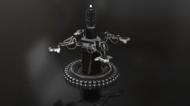 Fütürist bir robotik kolun görsel olarak çarpıcı üç boyutlu görüntüsü, karanlık bir laboratuvar ortamında otomasyon ve ileri teknoloji öneriyor..