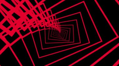 Karanlık bir arkaplana karşı neon kırmızı çizgilerin ve geometrik şekillerin kaotik örtüsünü içeren soyut bir görüntü. Modern sanat temaları ve grafik tasarımları için uygundur.