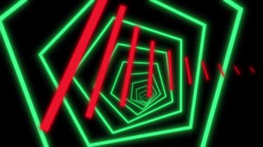 Kırmızı ve yeşil altıgen şekilli fütürist soyut neon tünel, derinlik ve teknoloji hissi veriyor..