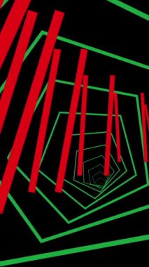 Kırmızı ve yeşil altıgen şekilli fütürist soyut neon tünel, derinlik ve teknoloji hissi veriyor..