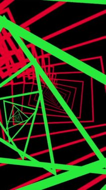 Kırmızı ve yeşil altıgen şekilli fütürist soyut neon tünel, derinlik ve teknoloji hissi veriyor..