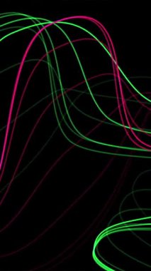Pembe ve yeşil renkli akışkan çizgilerin olduğu hareketli soyut sanat, koyu siyah bir arkaplanda zahmetsizce hareket ediyor..