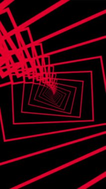 Karanlık bir arkaplana karşı neon kırmızı çizgilerin ve geometrik şekillerin kaotik örtüsünü içeren soyut bir görüntü. Modern sanat temaları ve grafik tasarımları için uygundur.