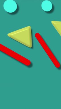 Turkuaz mavi bir zemin üzerinde üçgenler ve daireler de dahil olmak üzere geometrik şekillerle renkli soyut bileşim. Modern tasarım elementleri için ideal.