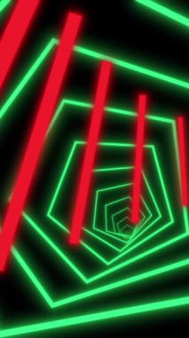 Kırmızı ve yeşil altıgen şekilli fütürist soyut neon tünel, derinlik ve teknoloji hissi veriyor..