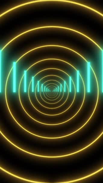 동심원과 활기찬 노란색과 파란색 라이트 바가있는 터널을 특징으로하는 추상적인 — 비디오