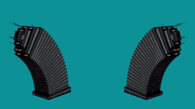 Turkuaz bir arka planda yavaşça bükülen birbirine benzeyen iki binanın animasyonu. Teknoloji, iş ve emlak kavramları için harika..