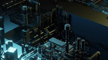 Fütüristik endüstriyel fabrika ya da geceleri boruları ve ışıkları olan elektrik santrali. Soyut endüstriyel kompleksin kusursuz döngü animasyonu.