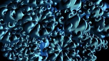 Soyut mavi metalik sıvı kabarcıklar şekil değiştiriyor ve siyah bir arkaplanda dönüyor. Teknoloji, bilim veya soyut video projeleri için ideal.