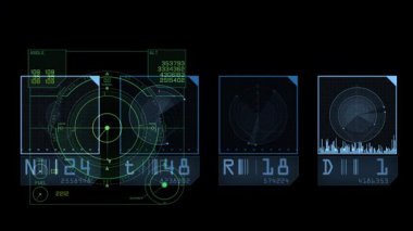 Siyah arkaplanda değişen değerlere sahip dijital gelecekteki kullanıcı arayüzü ögeleri. Teknolojiyle ilgili projeler için mükemmel hareket arkaplanı.