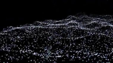 Kara Arkaplanda Dalgalı Parçacık Yüzey Animasyonu. Teknoloji, fütüristik veya soyut video projeleri için mükemmel.