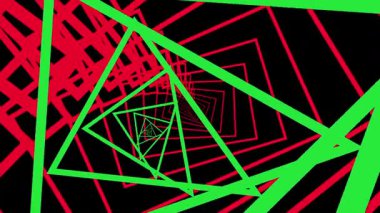 Kırmızı ve yeşil üçgenler ve kareler siyah zemin üzerinde merkeze doğru hareket ederek soyut bir tünel etkisi yaratırlar..