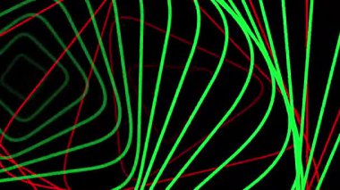 Kırmızı ve yeşil neon ışıklar geometrik bir desen oluşturur. Teknoloji, müzik ve gece kulübü için ideal.