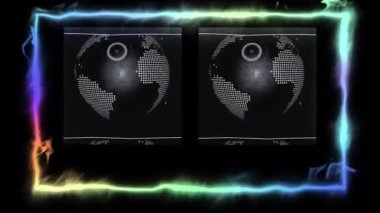 Siyah Arkaplan üzerindeki Renkli Çerçeve ve Parçacık Efektleri ile Dönen Dünya Canlandırması
