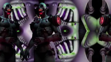 Fütürist bir cyborgu gösteren kaleydoskopik bir video. Mekanik geliştirmeleri, güçlü fiziğine zıt düşüyor. Karanlık, ürkütücü bir atmosfer yayıyor. Teknoloji veya bilim kurgu projeleri için mükemmel..