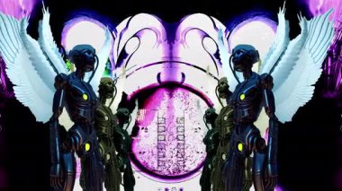 Kanatlı robotlar kaleydoskopik, aynalı bir videoda hareket ederler. Yapay zeka, fütürizm ve teknoloji içeren projeler için ideal. Yapay zeka ve fantezinin kesişimini keşfedin..