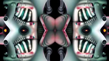 Kafatası, boru ve gözlerle kaleydoskop deseni. Değişen renkler ve hızlı kesimler psikedelik ve ürpertici bir atmosfer yaratır..