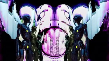 Karanlık robotik ya da uzaylı figürlerinin arızalı sanat videosu. Canlandırılmış arka plan ve dijital bozulma efektleri fütüristik, gerçeküstü bir atmosfer yaratıyor..