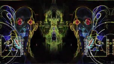 İnsan kafalarının neon hatları nabız ve kayma, renkli veri görselleştirmeleri ve siyah bir arkaplan üzerinde HUD elementleri ile çevrili.