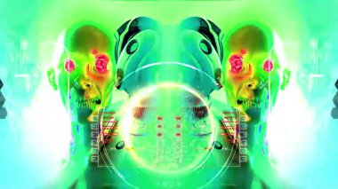 Ayna gibi parlayan gözleri olan robot kafaları canlı, renk değiştiren nabız atıyor. Dijital örtüler ve veriler geleceksel, teknolojik bir atmosfer yaratıyor..