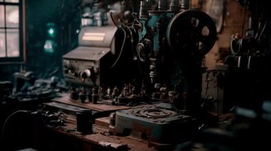Paslı, tozlu bir makine tezgahta oturuyor, muhtemelen tamir edilmeyi ya da yeniden tasarlanmayı bekliyor. Diğer araçlar ve parçalar mekanik projelerle dolu bir atölye sahnesi oluşturur.