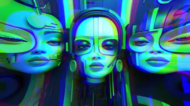 Siberpunk, canlı renklere ve çarpık görüntülere sahip üç dijital yüzün sanat animasyonunu bozdu. Teknoloji, müzik videoları ve dijital sanat için mükemmel..