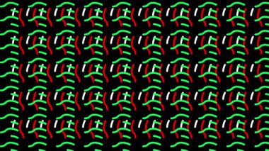 Büyüleyici soyut hareket grafiği, beyaz noktalarla tamamlanmış yeşil ve kırmızı çizgilerin tekrarlayan bir örüntüsünü içerir. Derin siyah arka planda dinamik bir görsel deneyim yaratır..