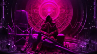 Gizemli bir kukuletalı figür fütüristik, neon ışıklı bir stüdyoda, sesi kaydetmeye hazır. Ses dalgaları titreşerek gizemli ve büyülü bir atmosfer yaratıyor. Dijital, podcast veya karanlık fantezi projeleri için mükemmel..