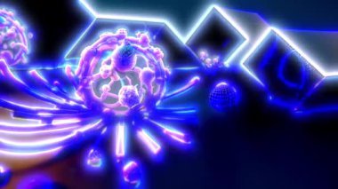 Dynamic 3D animation of abstract bio-tech spheres with glowing tentacles and vibrant neon blue and purple light effects. Ideal for backgrounds related to science, technology, medicine, or futuristic concepts.