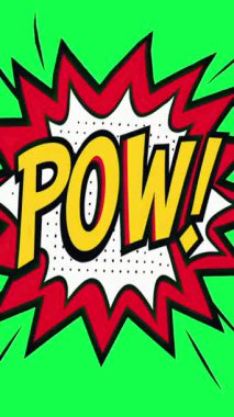 dikey Canlandırma 'POW!' Çizgi roman patlama efekti yeşil ekranda. Güçlü, dinamik bir görsel etki eklemek ve ani hareketi, sürprizi ya da video projelerinizde güçlü bir vuruşu vurgulamak için ideal.