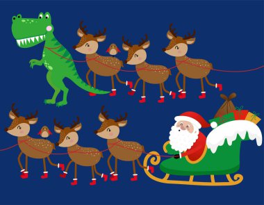 Noel Baba ren geyiği ve trex dinozorla kızağa biniyor. Mutlu Noeller, xmas ve mutlu yıllar komik konsept. Çizgi film vektör çizimi. Noel Baba şehre geliyor..