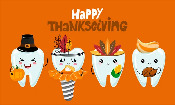 stock vector Happy Thanksgiving - Tooth family characters design in kawaii style. Hand drawn Toothfairy with funny quote. Good for school prevention posters, greeting cards, banners, textiles.