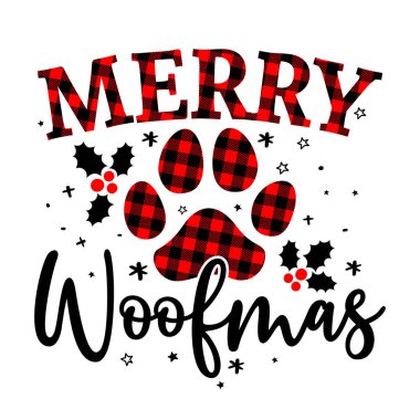 Merry Woofmas (Christmas) - Paw print shaped dog or cat paw prints for gift tag. Hand drawn footprints for Xmas greetings cards, invitations. Good for t-shirt, mug, scrap booking, gift, printing press clipart